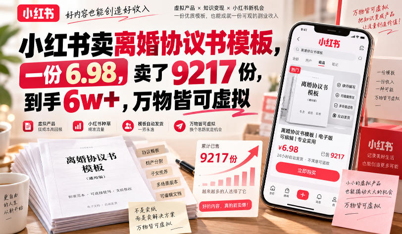 小红书卖离婚协议书模板，一份6.98，卖了9217份，到手6w+，万物皆可虚拟|无忧资源社