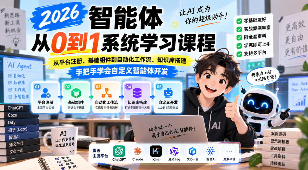 2026智能体从0到1系统学习课程，从平台注册、基础组件到自动化工作流、知识库搭建，手把手学会自定义智能体开发|无忧资源社