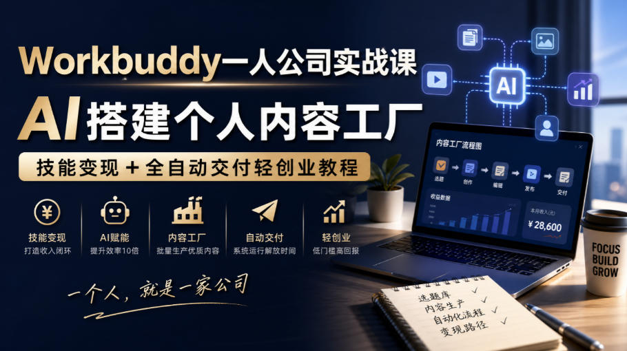 Workbuddy一人公司实战课，AI搭建个人内容工厂，技能变现+全自动交付轻创业教程​|无忧资源社