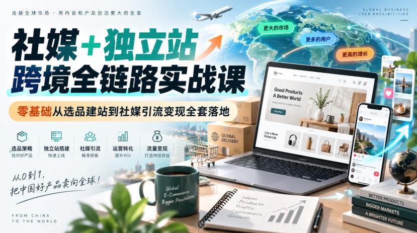 社媒+独立站跨境全链路实战课|零基础从选品建站到社媒引流变现全套落地|无忧资源社