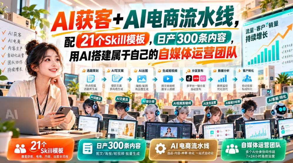 AI获客+AI电商流水线，配21个Skill模板，日产300条内容，用AI搭建属于自己的自媒体运营团队|无忧资源社