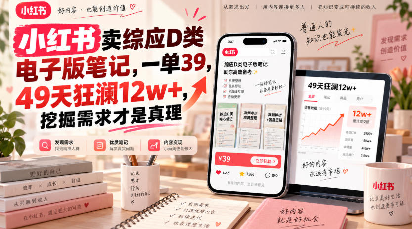 小红书卖综应D类电子版笔记，一单39，49天狂澜12w+，挖掘需求才是真理|无忧资源社