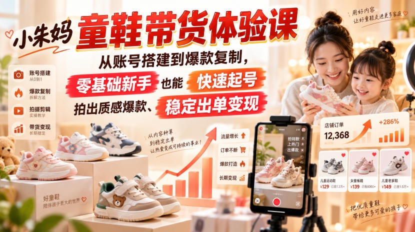 小朱妈童鞋带货体验课，从账号搭建到爆款复制，零基础新手也能快速起号、拍出质感爆款、稳定出单变现|无忧资源社