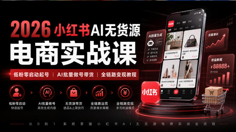 2026小红书AI无货源电商实战课｜低粉零启动起号｜AI批量做号带货全链路变现教程|无忧资源社