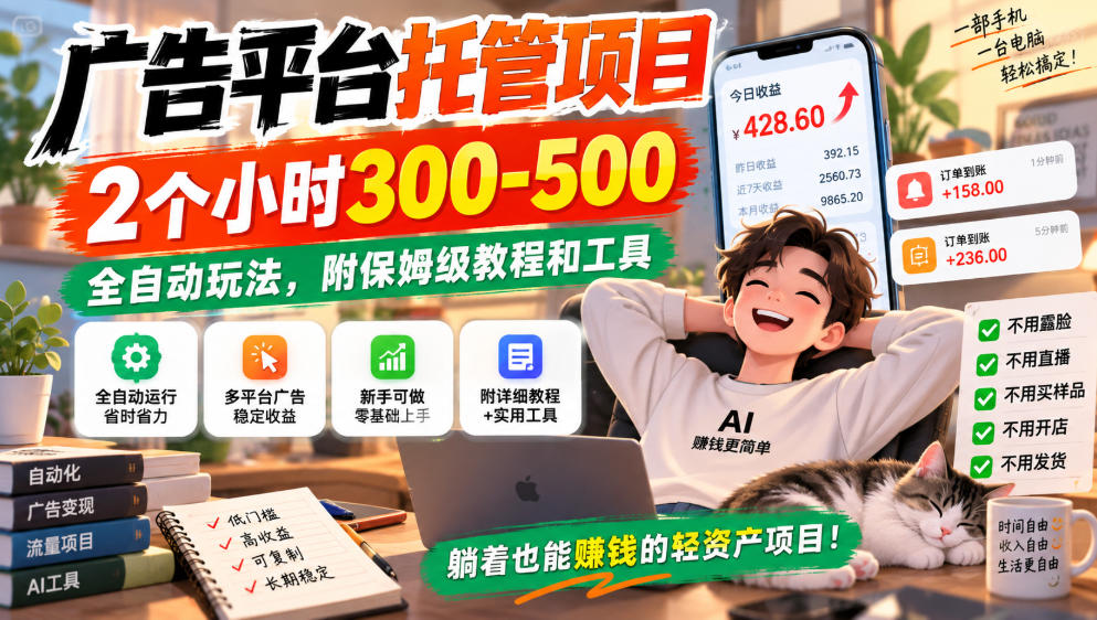广告平台托管项目，2个小时300-500，全自动玩法，附保姆级教程和工具，小白照着就能做【揭秘】|无忧资源社