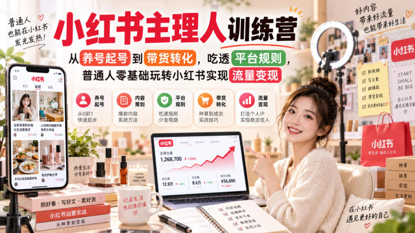 小红书主理人训练营，从养号起号到带货转化，吃透平台规则，普通人零基础玩转小红书实现流量变现|无忧资源社