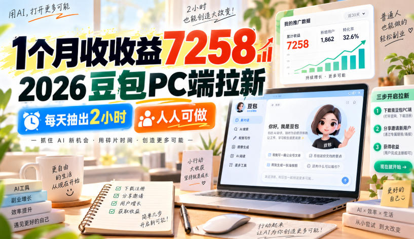 1个月收收益7258，2026豆包PC端拉新，每天抽出2小时，人人可做|无忧资源社