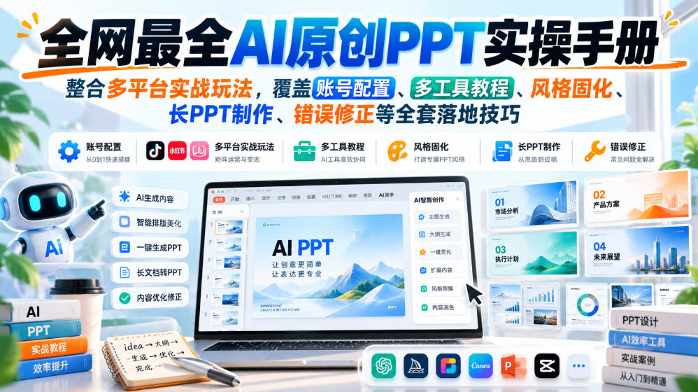 全网最全AI原创PPT实操手册，整合多平台实战玩法，覆盖账号配置、多工具教程、风格固化、长PPT制作、错误修正等全套落地技巧|无忧资源社
