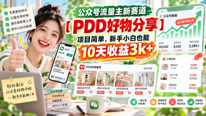 公众号流量主新赛道【PDD好物分享】,项目简单,新手小白也能10天收益3k+|无忧资源社