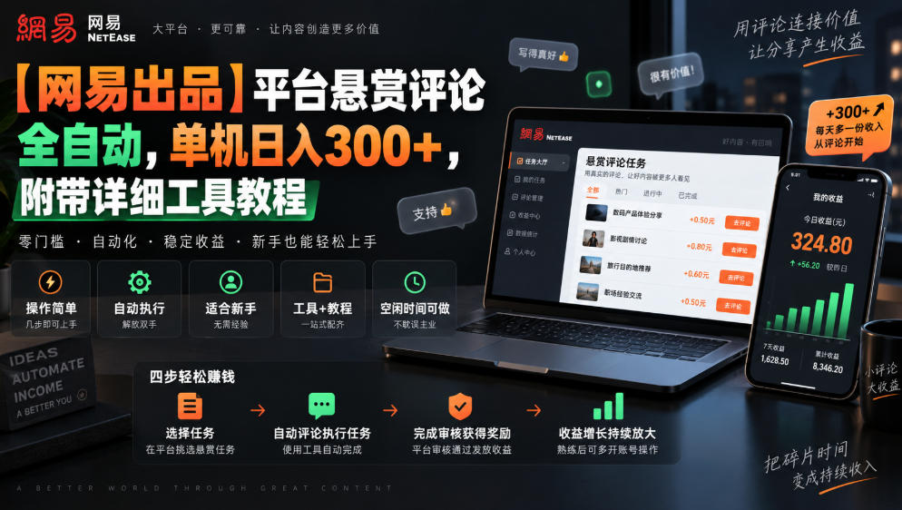 【网易出品】平台悬赏评论全自动，单机日入300+，附带详细工具教程【揭秘】|无忧资源社