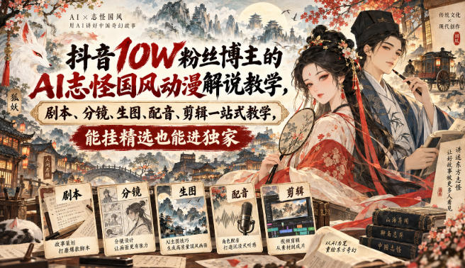 抖音10W粉丝博主的AI志怪国风动漫解说教学，剧本、分镜、生图、配音、剪辑一站式教学，能挂精选也能进独家​|无忧资源社