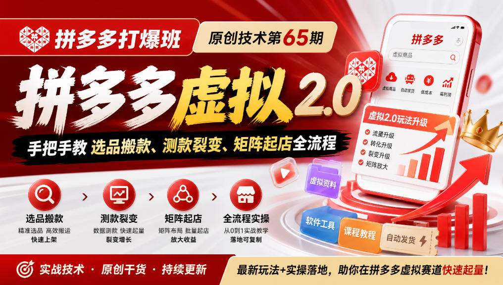 《拼多多打爆班》原创技术第65期，拼多多虚拟2.0，手把手教选品搬款、测款裂变、矩阵起店全流程|无忧资源社