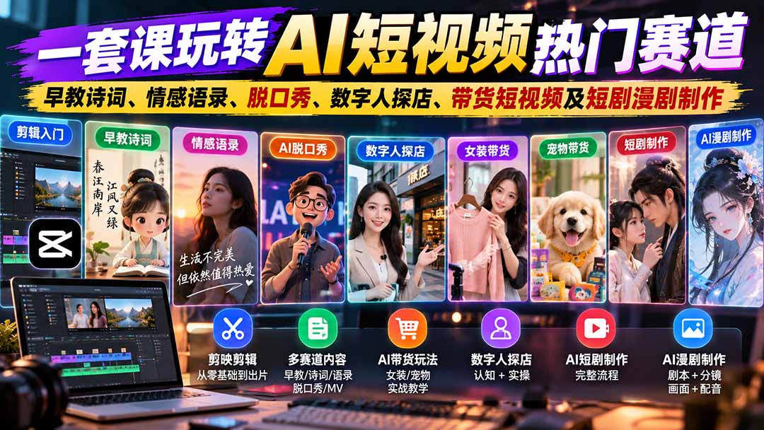 （20964期）一套课玩转AI短视频热门赛道：早教诗词、情感语录、脱口秀、数字人探店、带货短视频及短剧漫剧制作  复制标题|无忧资源社