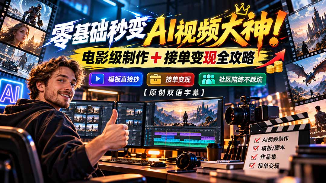 （20897期）零基础秒变AI视频大神！电影级制作 + 接单变现全攻略，模板直接抄，社区陪练不踩坑【原创双语字幕】|无忧资源社