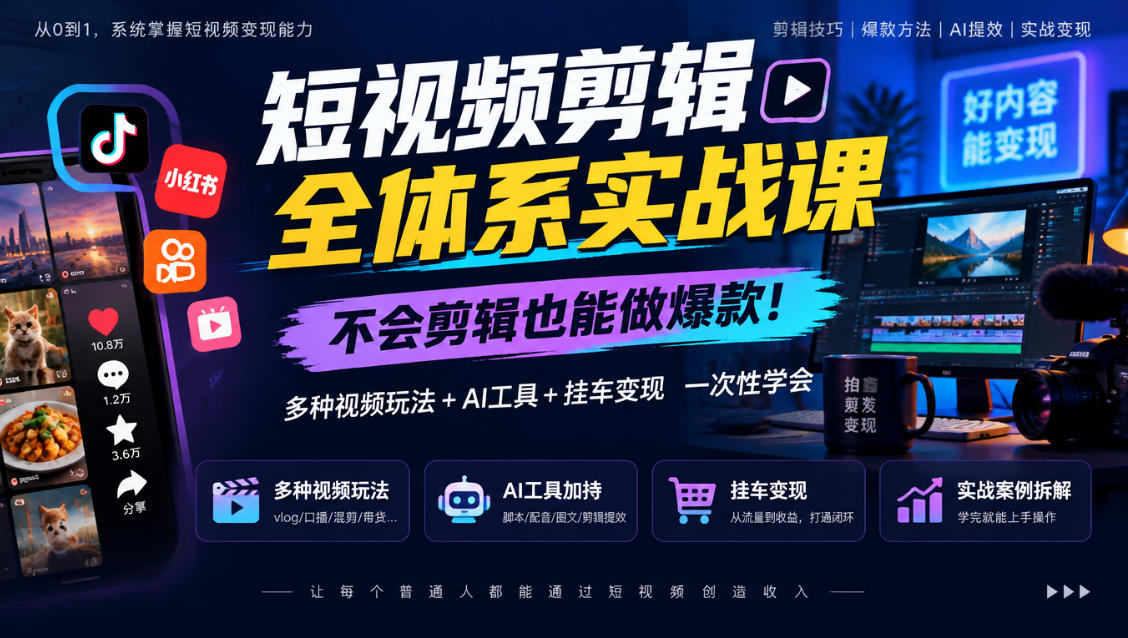 短视频剪辑全体系实战课，不会剪辑也能做爆款，多种视频玩法+AI工具+挂车变现一次性学|无忧资源社