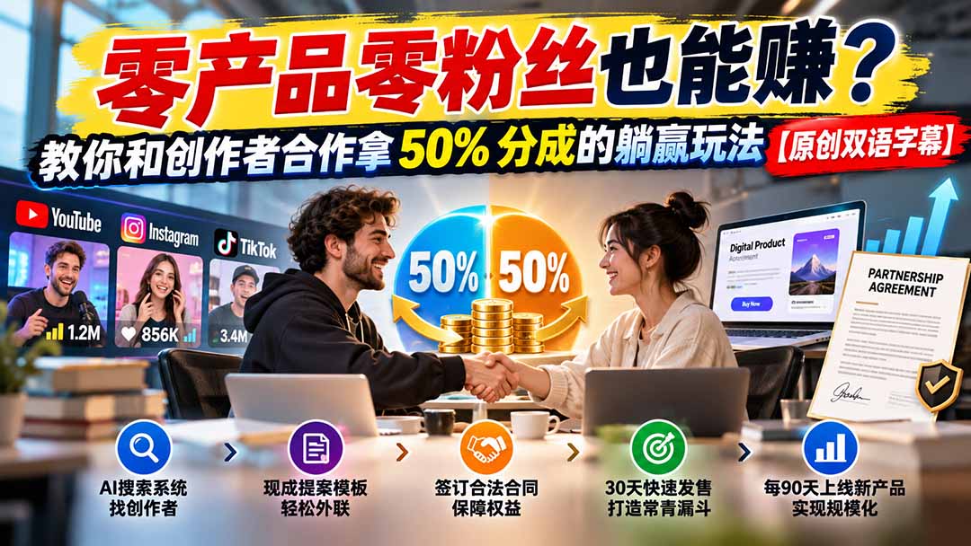 （20957期）零产品零粉丝也能赚？教你和创作者合作拿 50% 分成的躺赢玩法【原创双语字幕】|无忧资源社