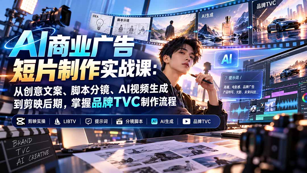 （20863期）AI商业广告短片制作实战课：从创意文案、脚本分镜、AI视频生成到剪映后期，掌握品牌TVC制作流程|无忧资源社