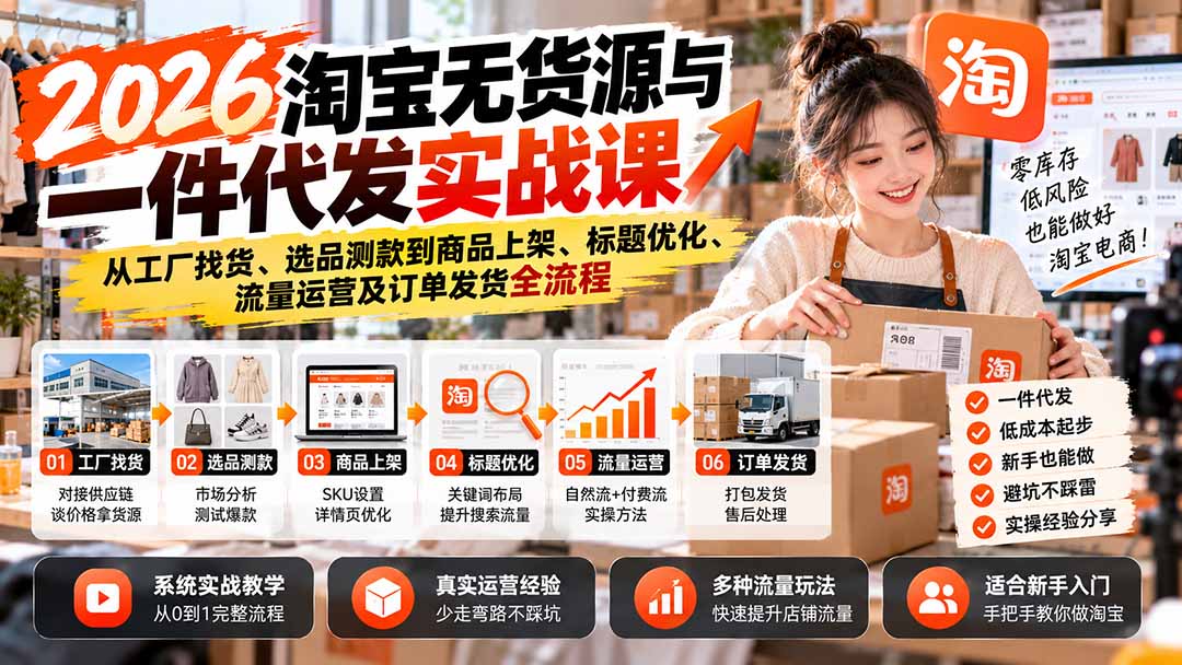 （20903期）2026淘宝无货源与一件代发实战课：从工厂找货、选品测款到商品上架、标题优化、流量运营及订单发货全流程|无忧资源社