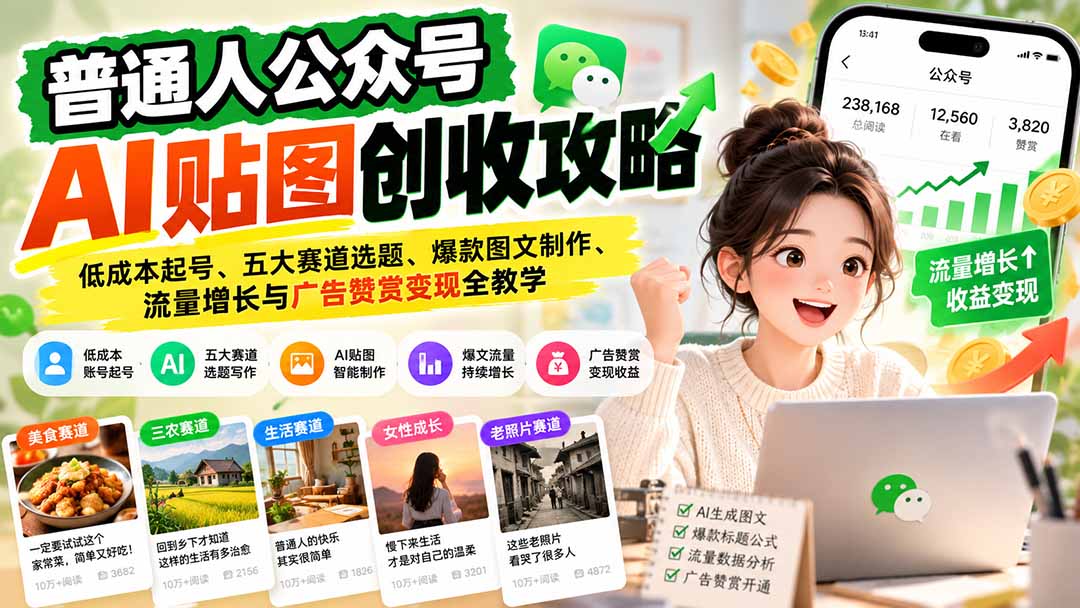 （20972期）普通人公众号AI贴图创收攻略：低成本起号、五大赛道选题、爆款图文制作、流量增长与广告赞赏变现全教学|无忧资源社