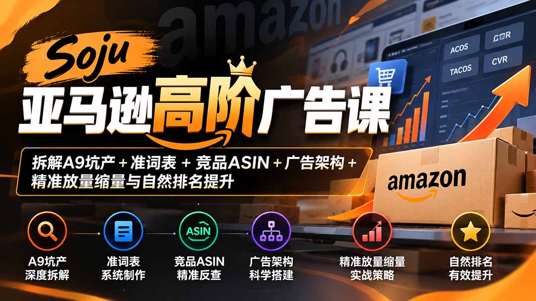 （20831期）Soju亚马逊高阶广告课：拆解A9坑产+准词表+竞品ASIN+广告架构+精准放量缩量与自然排名提升|无忧资源社
