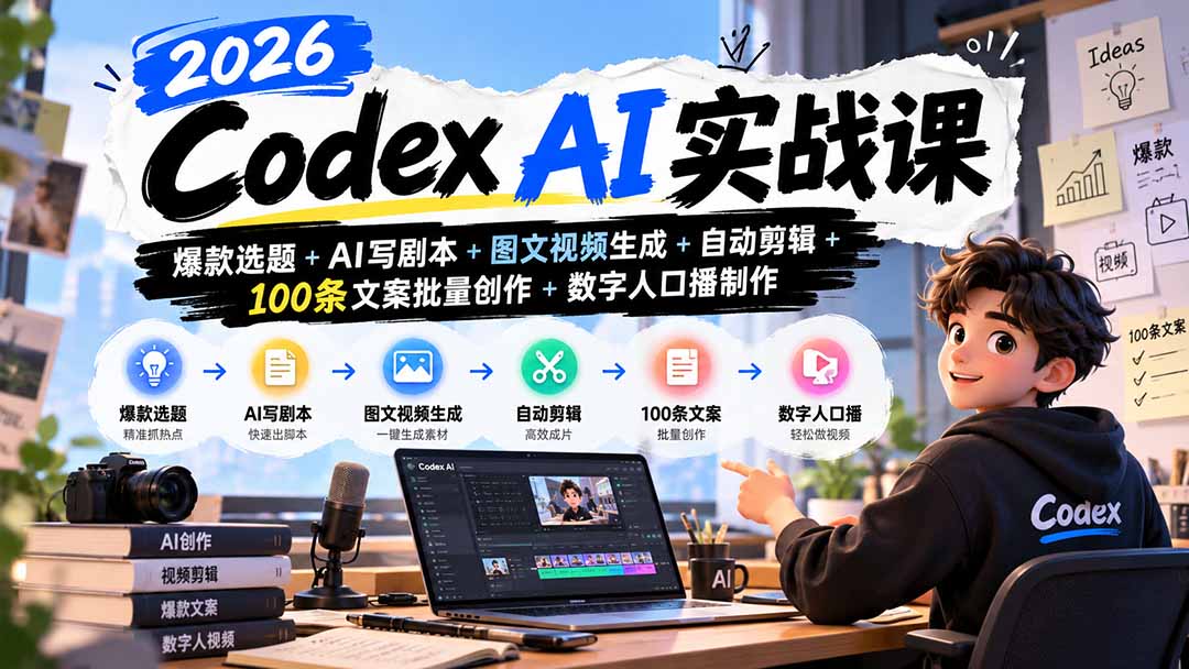 （20899期）2026Codex AI实战课：爆款选题+AI写剧本+图文视频生成+自动剪辑+100条文案批量创作+数字人口播制作|无忧资源社