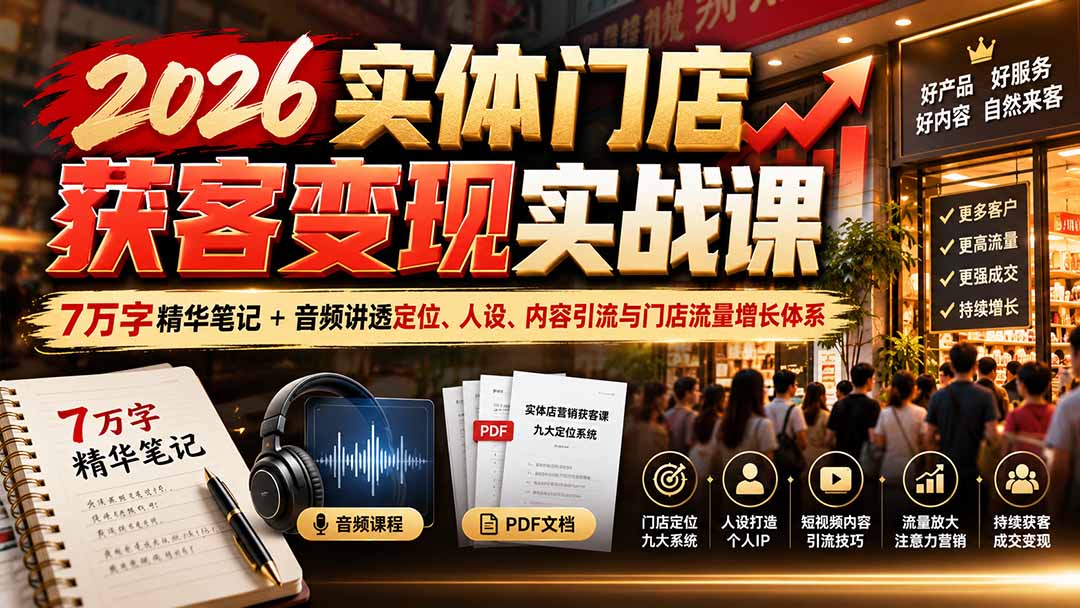 （20832期）2026实体门店获客变现实战课：7万字精华笔记+音频讲透定位、人设、内容引流与门店流量增长体系|无忧资源社