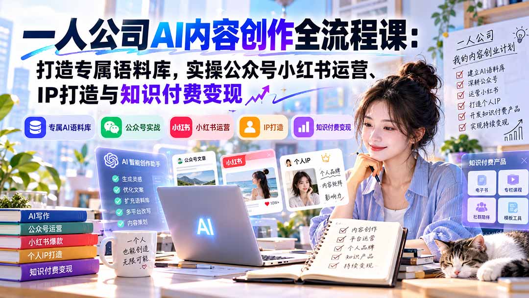 （20866期）一人公司AI内容创作全流程课：打造专属语料库，实操公众号小红书运营、IP打造与知识付费变现方法论|无忧资源社