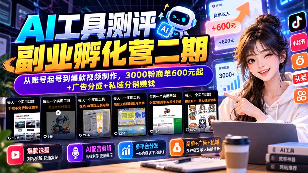 （20799期）AI工具测评副业孵化营二期：从账号起号到爆款视频制作，3000粉商单600元起+广告分成+私域分销赚钱|无忧资源社