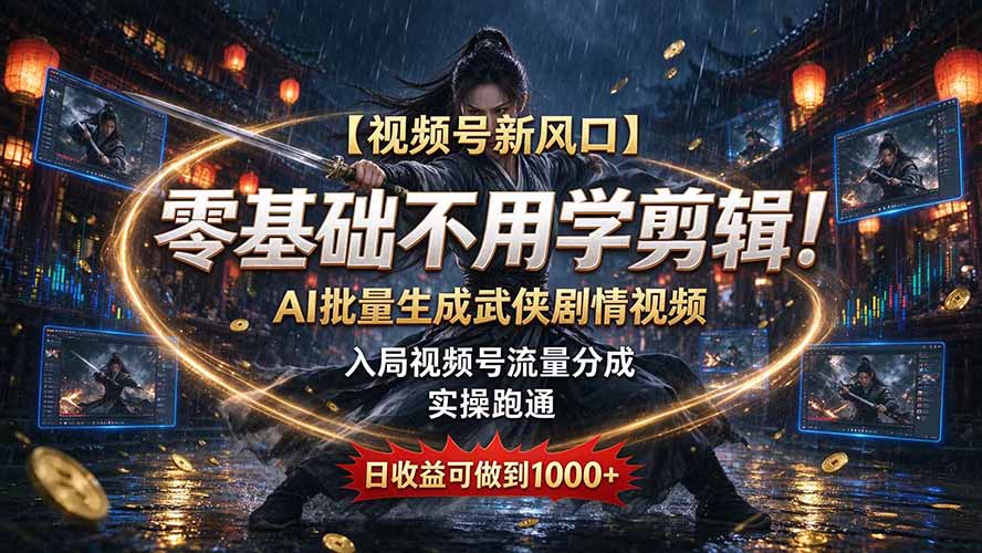(20780期)【视频号新风口】零基础不用学剪辑!AI 批量生成武侠剧情视频,入局视频号流量分成,实操跑通,日收益可做到 1000+|无忧资源社