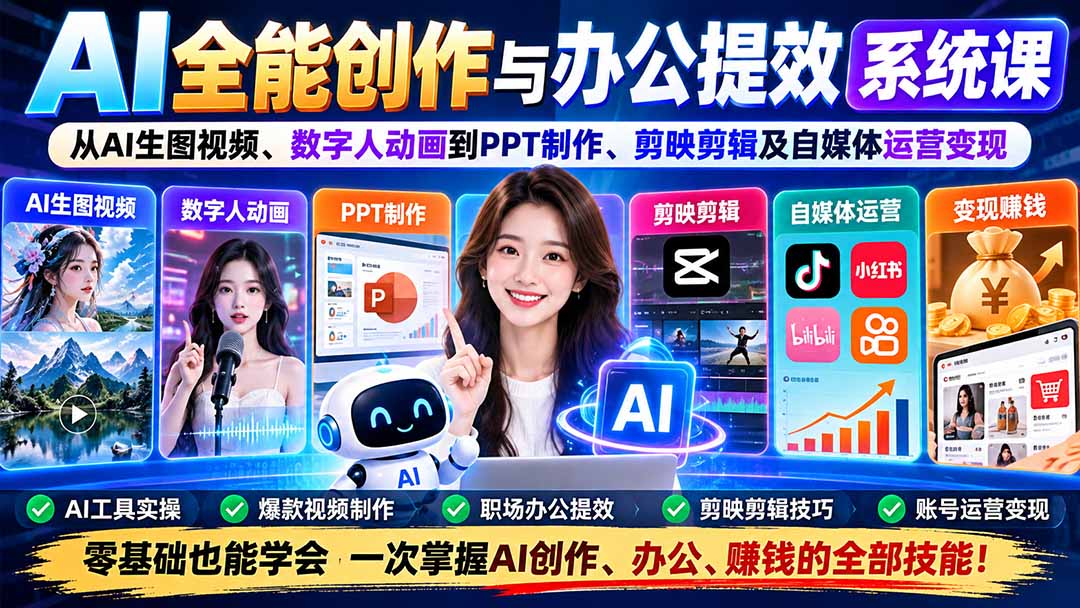 （20885期）AI全能创作与办公提效系统课：从AI生图视频、数字人动画到PPT制作、剪映剪辑及自媒体运营变现|无忧资源社