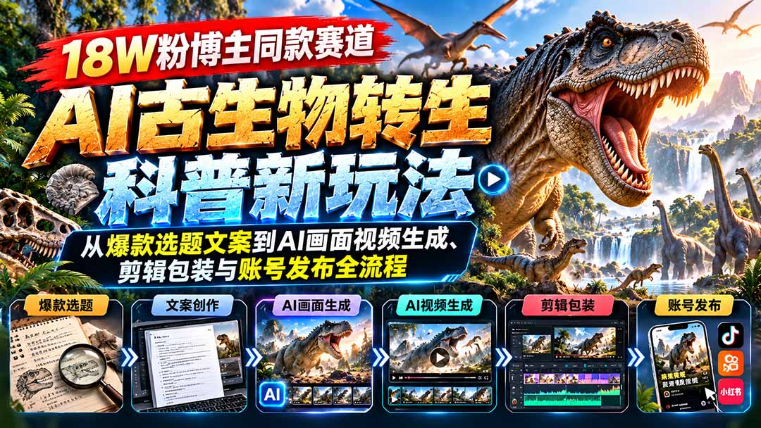 （20833期）18W粉博主同款赛道-AI古生物转生科普新玩法：从爆款选题文案到AI画面视频生成、剪辑包装与账号发布全流程|无忧资源社
