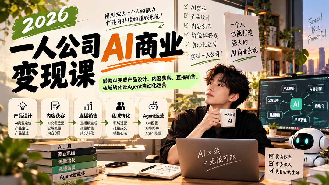 （20901期）2026一人公司AI商业变现课：借助AI完成产品设计、内容获客、直播销售、私域转化及Agent自动化运营|无忧资源社