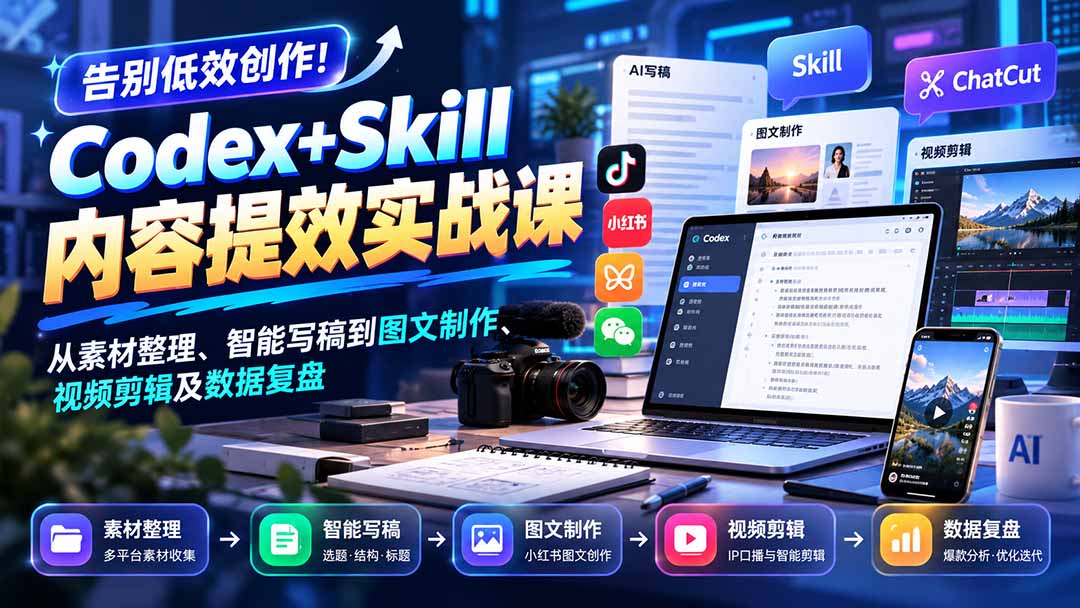 （20915期）【无水印】告别低效创作！Codex+Skill内容提效实战课：从素材整理、智能写稿到图文制作、视频剪辑及数据复盘|无忧资源社