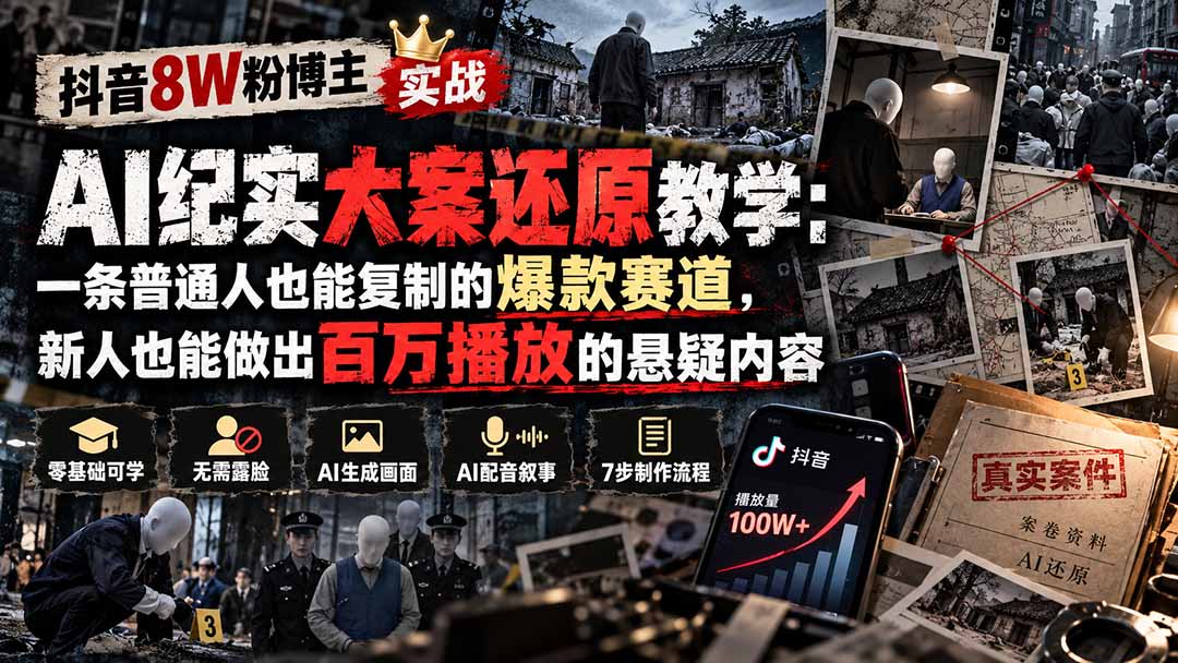 （20865期）抖音8W粉博主AI纪实大案还原教学：一条普通人也能复制的爆款赛道，新人也能做出百万播放的悬疑内容|无忧资源社