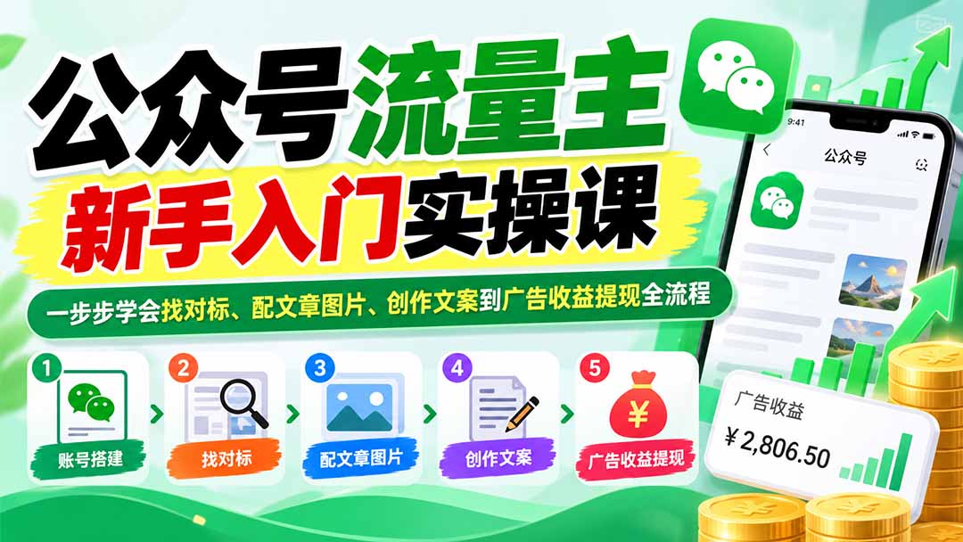 （20816期）公众号流量主新手入门实操课：一步步学会找对标、配文章图片、创作文案到广告收益提现全流程|无忧资源社