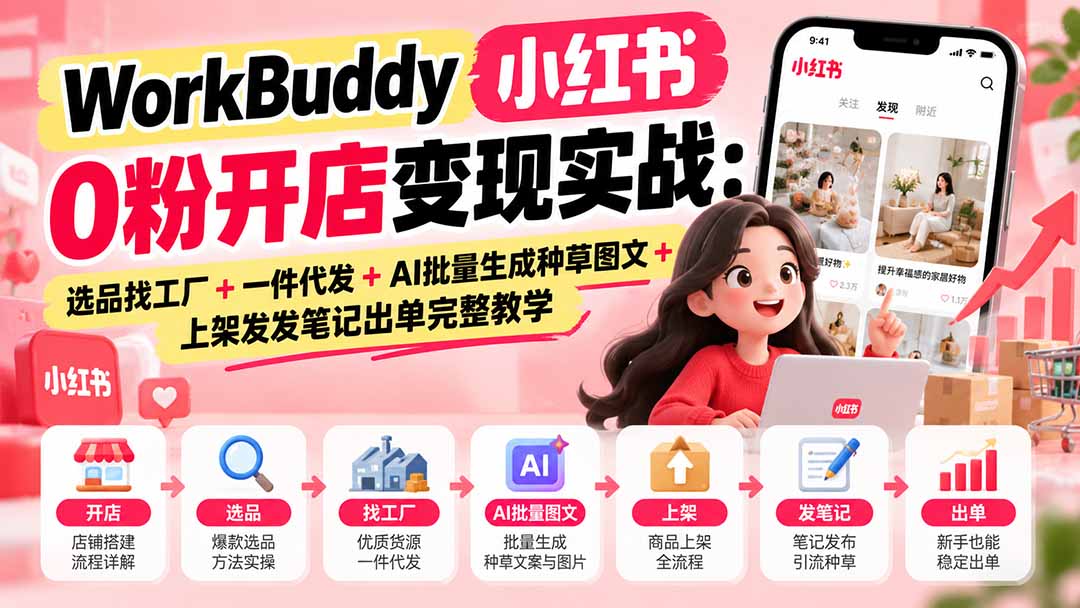 （20801期）WorkBuddy小红书0粉开店变现实战：选品找工厂+一件代发+AI批量生成种草图文+上架发发笔记出单完整教学|无忧资源社