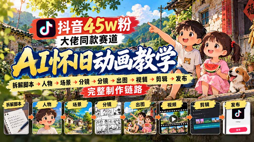 （20781期）抖音45W粉大佬同款赛道AI怀旧动画教学：拆解脚本→人物→场景→分镜→出图→视频→剪辑→发布完整制作链路|无忧资源社