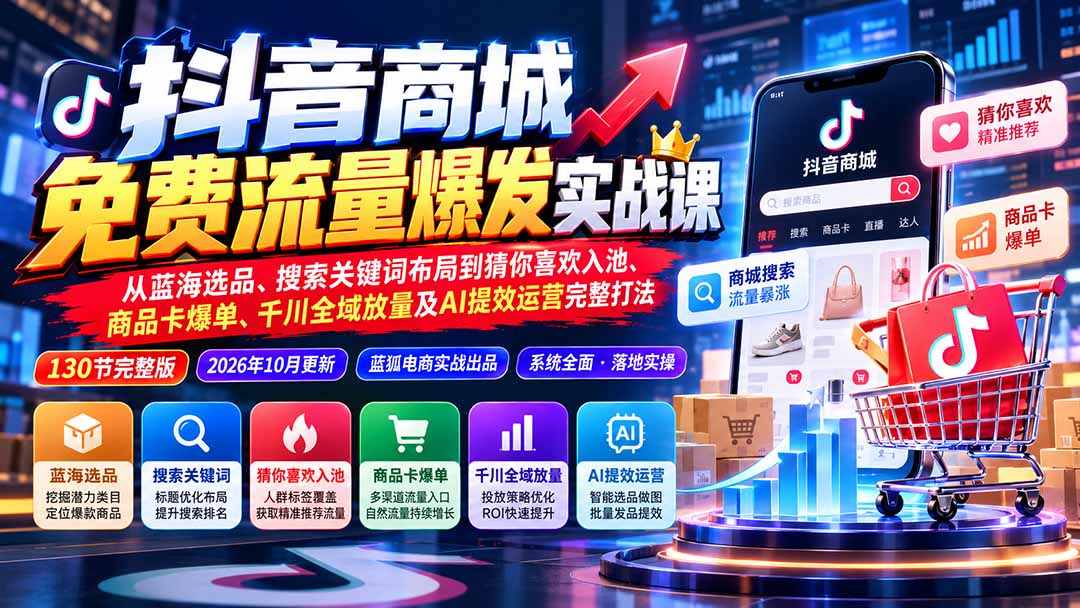 （20959期）抖音商城免费流量爆发实战：从蓝海选品、搜索关键词布局到猜你喜欢入池、商品卡爆单、千川全域放量及AI提效完整打法|无忧资源社