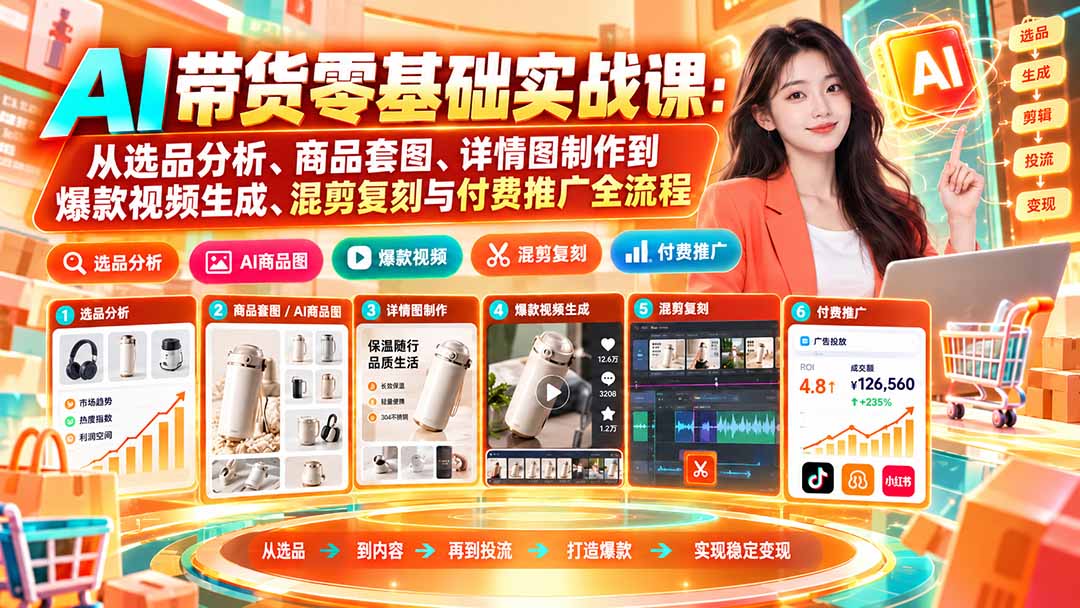 （20856期）AI带货零基础实战课：从选品分析、商品套图、详情图制作到爆款视频生成、混剪复刻与付费推广全流程|无忧资源社