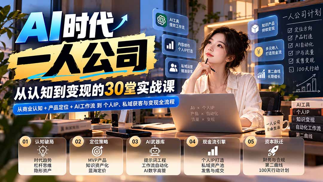 （20847期）【无水印】AI时代一人公司30堂实战课：从商业认知+产品定位+AI工作流到个人IP、私域获客与变现全流程|无忧资源社