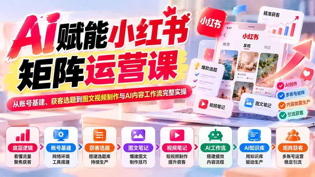 （20822期）AI赋能小红书矩阵运营课：从账号基建、获客选题到图文视频制作与AI内容工作流完整实操|无忧资源社