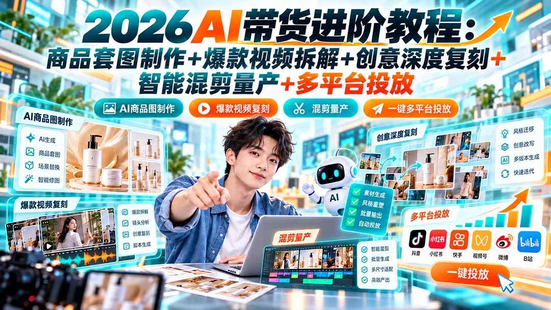 （20857期）2026AI带货进阶教程：商品套图制作+爆款视频拆解+创意深度复刻+智能混剪量产+多平台投放|无忧资源社