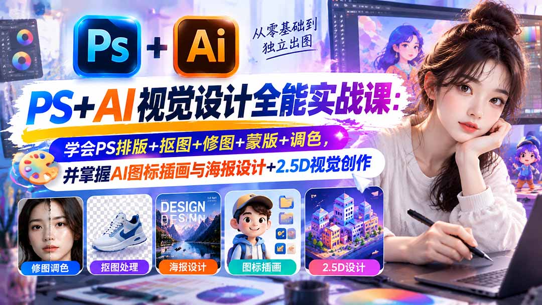 （20749期）【无水印】PS+AI视觉设计全能实战课：学会PS排版+抠图+修图+蒙版+调色，并掌握AI图标插画与海报设计+2.5D视觉创作|无忧资源社