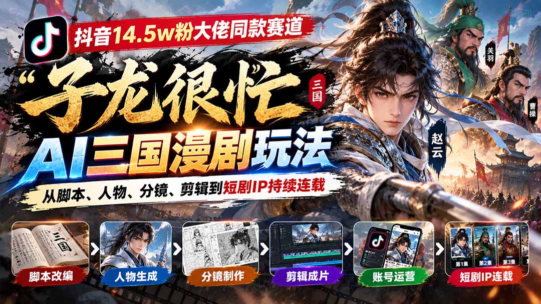 （20818期）抖音14.5w粉大佬同款赛道「子龙很忙」AI三国漫剧玩法：从脚本、人物、分镜、剪辑到短剧IP持续连载|无忧资源社