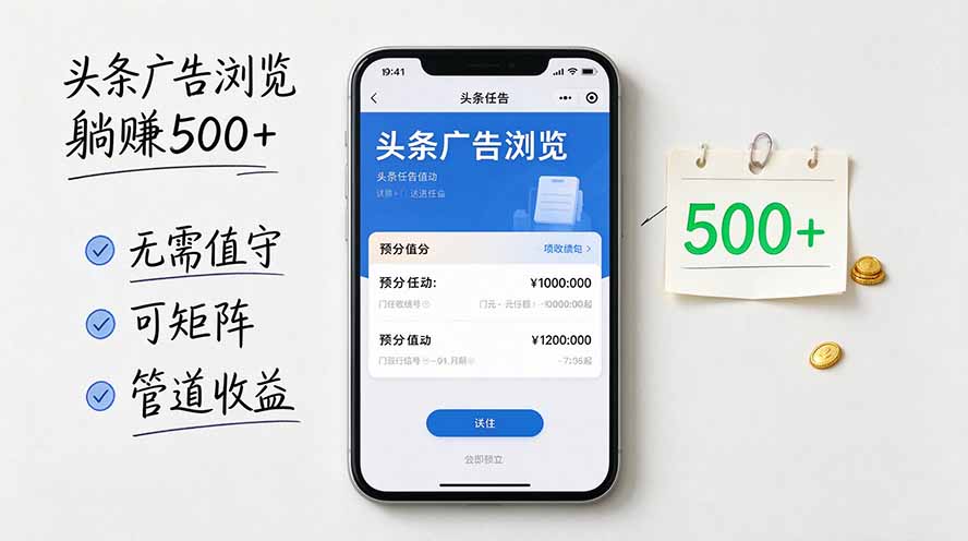 （20835期）头条广告浏览躺赚500+无需值守，可矩阵并附有管道收益|无忧资源社