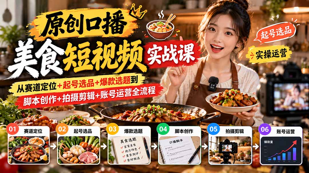 （20786期）原创口播美食短视频实战课：从赛道定位+起号选品+爆款选题到脚本创作+拍摄剪辑+账号运营全流程|无忧资源社