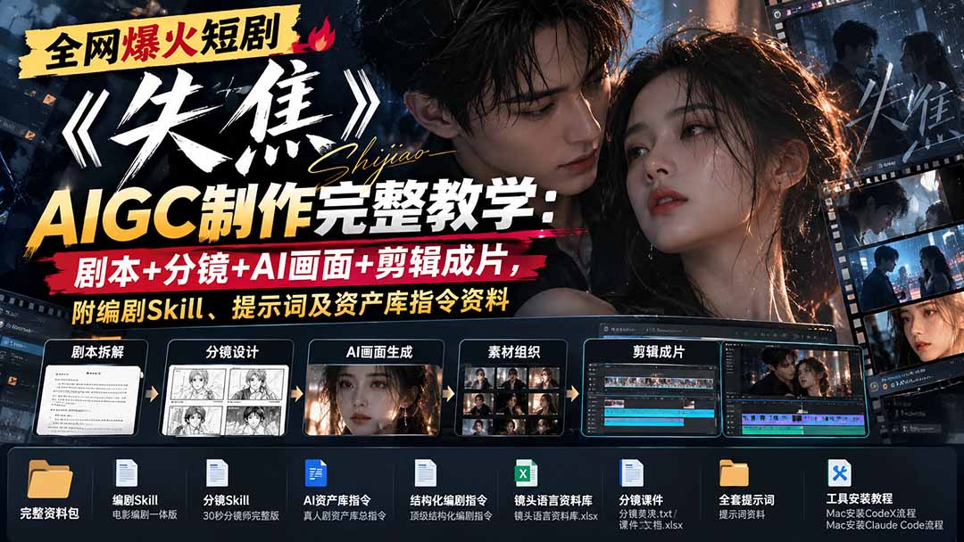 （20805期）全网爆火短剧《失焦》AIGC制作完整教学：剧本+分镜+AI画面+剪辑成片，附编剧Skill、提示词及资产库指令资料|无忧资源社