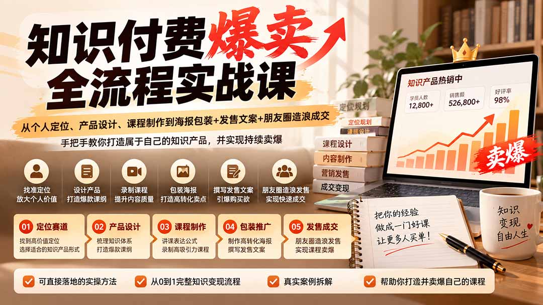 （20787期）【无水印】知识付费爆卖全流程实战课：从个人定位、产品设计、课程制作到海报包装+发售文案+朋友圈造浪成交|无忧资源社