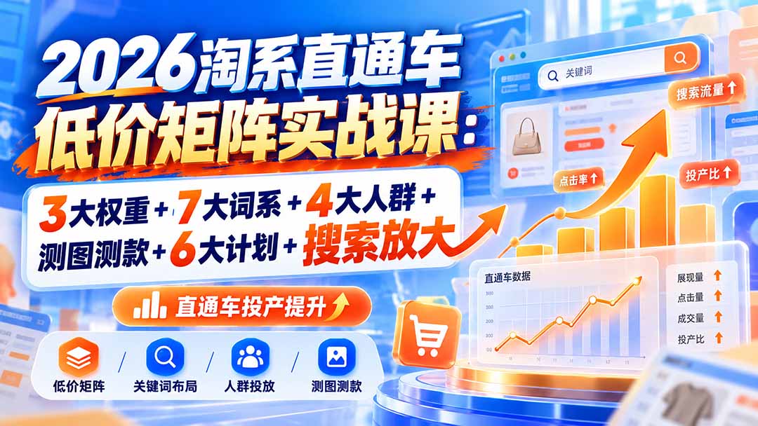 (20761期)2026淘系直通车低价矩阵实战课:3大权重+7大词系+4大人群+测图测款+6大计划+搜索放大|无忧资源社