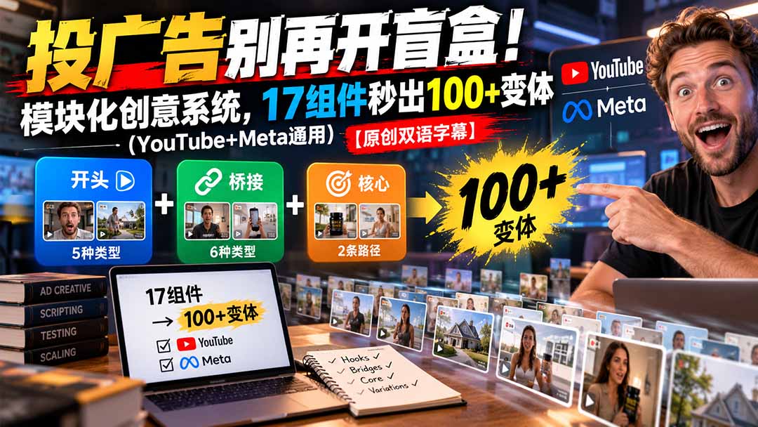 （20840期）投广告别再开盲盒！模块化创意系统，17组件秒出100+变体（YouTube+Meta通用）【原创双语字幕】|无忧资源社